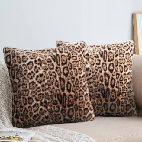 2 PCS housse de coussin, imprimé léopard et guépard, fourrure synthétique marron doré, 45 x 45 cm, décoration intérieure (1/4)