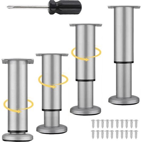 Lot de 4 pieds de meubles réglables de 18 à 30 cm avec tournevis cruciforme - Pieds stables en acier inoxydable pour canapé, lit, table - Hauteur réglable - Antidérapants - Montage facile (1/5)