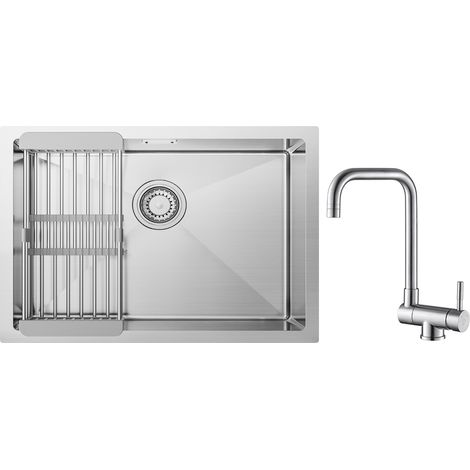 Fregadero de cocina cepillado de 1 seno con escurridor de 60 x 44 cm + grifo de cocina plegable debajo de la ventana, grifo mezclador cepillado (1/5)