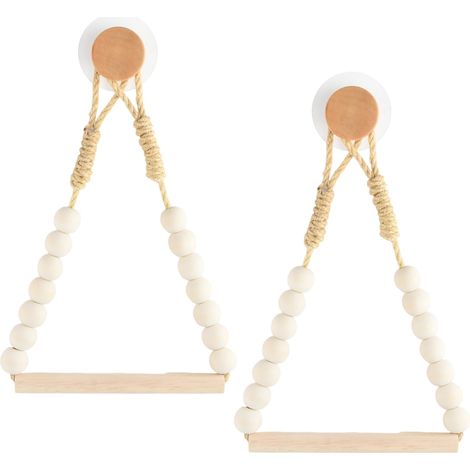 Lot de 2 Porte Papier Toilette Mural Corde sans Percage, Dérouleur Papier Toilette Mural Bois Auto Adhésif, Porte-Rouleau à Corde avec Perles pour Salle de Bain et Cuisine, Vintage Deco WC (Blanc Cass (1/5)