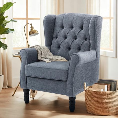Fauteuil Vintage Mi-Siècle, Fauteuil à Oreilles Rembourré avec Capitonnage Boutonné, Housse en Tissu et Pieds en Bois Massif pour Salon, Bureau, Café - Bleu (1/5)