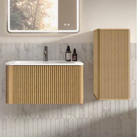 Hängender Badwaschtisch 81 cm in Eichenoptik mit Seitenschrank OKWISH (1/5)