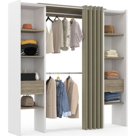 Idmarket – Dressing modulable extensible 120/180 cm – Largeur 50 cm – Hauteur 180 cm – Structure blanc et bois – 8 étagères réglables – Rideau taupe clair