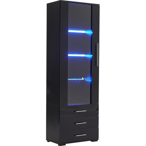 Vitrine noire en MDF avec LED, 3 tiroirs et porte acrylique, 60 x 35 x 180 cm (1/5)