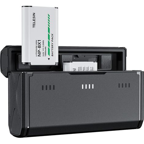 TELESIN CMR-001 2 Stück NP-BX1 Akkus + 3-fach Ladegerät mit Kartensteckplätzen und USB-Anschluss (kompatibel)