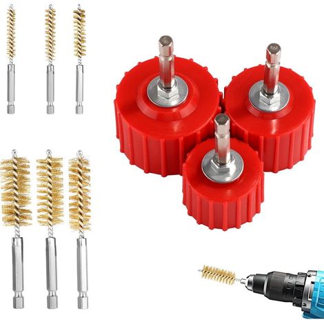 9pcs Ensemble Nettoyeur de Tuyau en Cuivre pour Perceuse Électrique, 3 Brosse de Nettoyage Tube 1/2" 3/4" et 1" et 6 Brosses à Alésage en Fil Laiton pour Perceuse Tubes Cuivre (1/5)