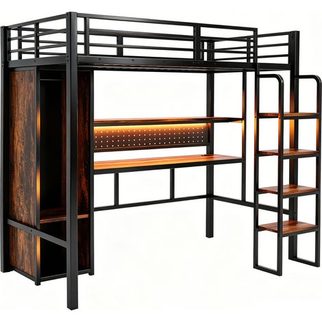Metall-Hochbett 90 x 200 cm in Schwarz mit Schreibtisch, Regal, Kleiderschrank und Leiter (1/5)