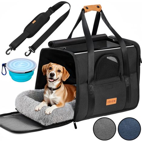 CADOCA® Sac de transport pour chat chien max. 20kg pliable avec bandoulière caisse de transport chat respirant avec gamelle Anthracite