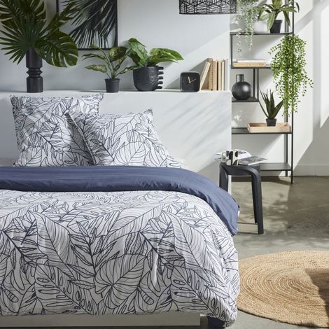 Parure de lit 3 pièces 240x220 cm coton imprimé feuilles blanc et bleu (1/4)