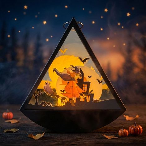Lampe déco Halloween style lanterne portable 12x6,1x13cm, silhouette sorcière, pleine lune et manoir hanté, éclairage ambiance festive, décoration intérieure soirée,piles non fournies (1/5)