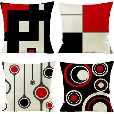 housse De Coussin, 45 X 45 Cm Lot De 4 En Coton Et Lin Moderne Noir Rouge Gomtrique Modle Dcoratif Taie D'oreiller Dcoration Pour Canap Chambre Ma (1/4)