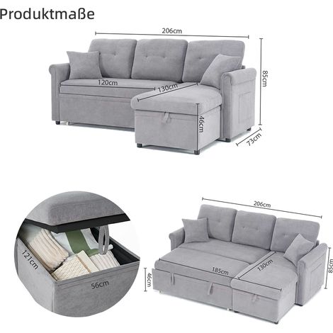 Canapé d'angle convertible en lit avec rangement, canapé-lit pratique avec espace de rangement, montage possible des deux côtés, canapé en L en chenille grise, idéal pour le salon ou la chambre d'amis (1/5)