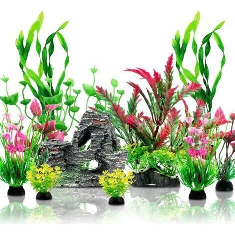 BUNTHAUS Aquarium Decoration Plante, Plantes Artificielle Aquarium Deco et Rocher Polyrésine Grotte Ornement, Cachette Décoration pour Aquarium Poissons, 12 Pièces (1/5)