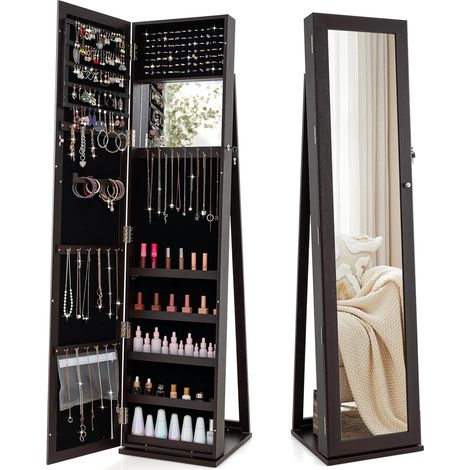 COSTWAY Specchio Portagioie da Terra, Armadietto Portagioie con Specchio a Figura Intera e Specchio Interno, con Serratura, per Collane Orecchini Anelli Cosmetici, 38 x 38 x 157,5 cm (Caffè Scuro) (1/5)
