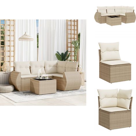 5-tlg. Garten-Sofagarnitur mit Kissen Beige Poly Rattan - Gartenmöbel Set - Esszimmergarnitur Outdoor - Lounge Möbel - Rattan Gartenset - Gartenlounge (1/5)