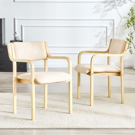 Lot de 2 chaises de salle à manger avec accoudoirs, Fauteuil pour salon et cuisine, bois naturel et tissu beige (1/5)
