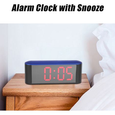 Thermomètre électronique, miroir, réveil numérique avec fonction snooze (coque bleue, chiffres rouges) (1/5)