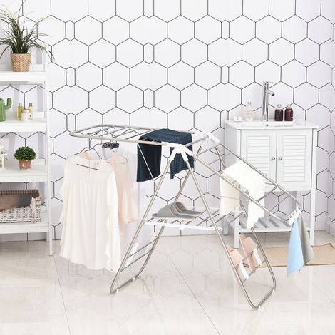 Étendoir à linge portable avec une longueur de séchage de 1,48 m et des poteaux télescopiques. Étendoir à linge à ailes pour une utilisation intérieure et extérieure. Argent et blanc.