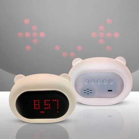 Réveil veilleuse LED – couleur, intensité lumineuse, mélodies et sons réglables – matériau durable et doux – visages et sons amusants – pour enfants (1/5)