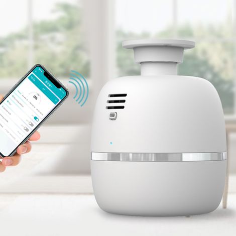 Difusor de aceites esenciales grande (500 m³), silencioso (38 dB), control mediante aplicación inteligente, color: blanco, dimensiones: 174 mm, varios modos, instalación con adaptador estadounidense. (1/5)