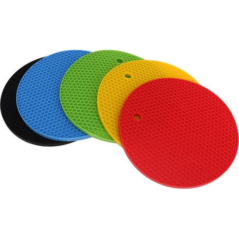 5er-Pack runde Silikon-Topfuntersetzer, 18 cm Durchmesser, hitzebeständig, gelb, schwarz, rot, blau, grün (1/5)
