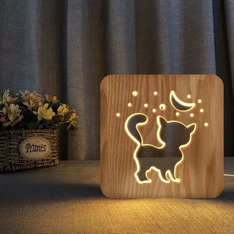 LED-Nachtlicht aus Holz für Schlafzimmertischlampe mit 3D-Katzen-Lampenschirm und USB-Anschluss - Muesdeit 3041 (1/4)