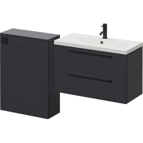Napoli 390 Cento Gloss Grey 1400mm Wall Mounted 2 Drawer Vanity Unit and Toilet Suite with Glide Basin - 1400mm - Matt Black 480mm HandleWithout Kingston Toilet Pan