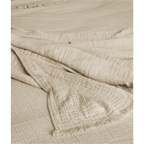 Couvre lit à franges "Brehat" Gaze de Coton stonewashed Toison d'or - Brehat Galet - 230 x 250 cm - Brehat Galet -