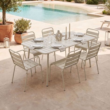 Ensemble table + 4 chaises + 2 fauteuils en métal beige - BACA (1/5)