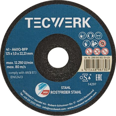 TECWERK Premium-Trennscheibe 2in1 D125x1mm ger.INOX/Stahl Bohr.22,23mm TECWERK