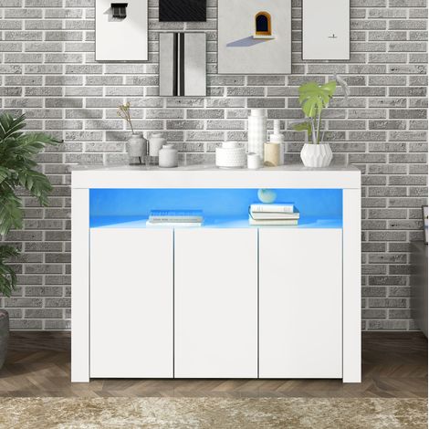 Credenza 130x35x95 cm in legno con 3 ante, LED e ripiani aperti, bianca (1/5)