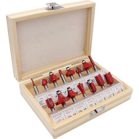 Coffret de 15 fraises à défoncer en carbure de tungstène – 6.35mm – Pour bois dur et MDF – Boîtier en bois inclus (1/5)