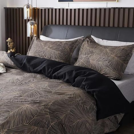 Housse de Couette 200x200 Taie d'oreiller 65x65cm Motif Feuilles Marron (1/3)