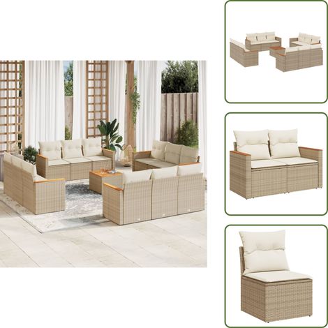 The Living Store Salon de jardin avec coussins 13 pcs beige résine tressée - Ensemble Salon De Jardin - Mobilier Extérieur - Canapé Jardin - Table Basse Jardin - Chaise Lounge