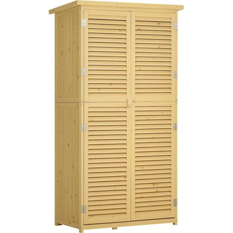 Outsunny Gartenschrank Holz Geräteschuppen Gerätehaus mit Asphaltdach Lamellentür Geräteschrank Schuppen Garten 4 Fächer Naturholz 87 x 46,5 x 160 cm (1/5)