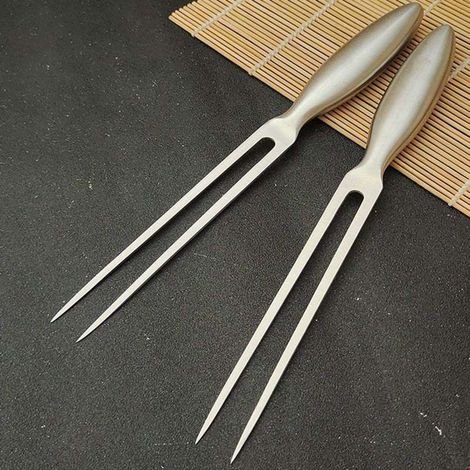 Fourchettes à côtelettes d'agneau pour barbecue en acier inoxydable, manche en bois massif, anti-brûlure, portables, couleur argent, lot de 2 (1/5)