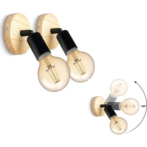 Apliques de pared giratorios de madera estilo vintage para interiores, 180°, estilo retro industrial, casquillo E27 (juego de 2). (1/5)