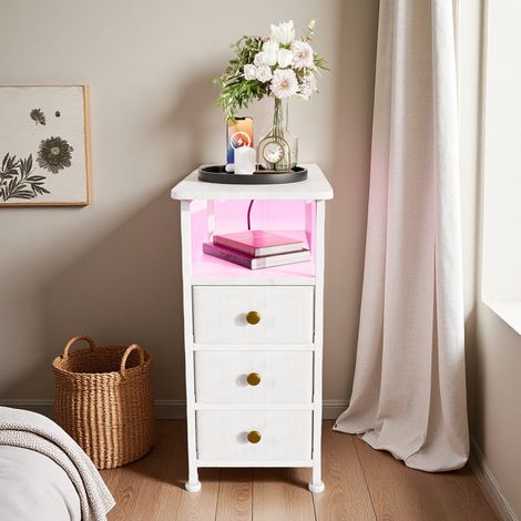 Mesita de noche con 3 cajones, USB y LED, tiradores dorados, L 60 x P 30 x H 62 cm, moderna, mueble de dormitorio, MDF, blanco (1/5)