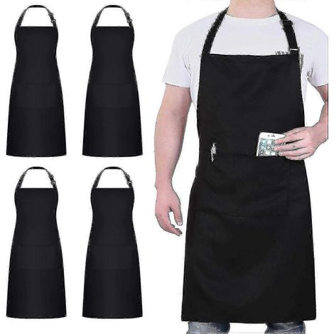 Lot de 4 tabliers de chef 2025, tablier noir à 2 poches, imperméable et ajustable, idéal pour hommes et femmes, parfait pour la cuisine. (1/5)