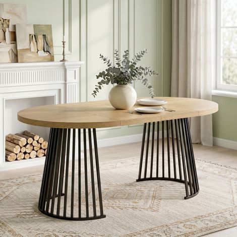 Table à manger extensible 100-176x100x76 cm 4-8 personnes, style minimaliste, plateau épais, système télescopique, chêne et noir (1/5)