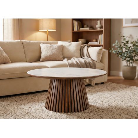 Deco In Paris – Table basse ronde en bois foncé – Plateau en céramique blanche – Pied en MDF finition hêtre – Style moderne et scandinave