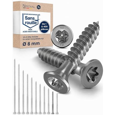 Vis à bois inox A2 V2A H2 Torx TX tête fraisée 90° filetage total 8 mm 8x70 mm vis bois structure (1/5)