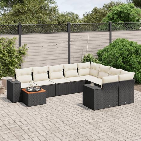 Ensemble de Jardin 10 Places Noir Résine Tressée avec Table Acacia et Coussins Crème - Salon d'Extérieur Modulaire (1/5)