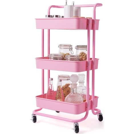 COSTWAY Carrello con 3 Cesti e Maniglia, Carrello Multifunzione con Ruote, Carrellino di Stoccaggio per Bagno Cucina e Ufficio, 87 x 35 x 42 cm (Rosa) (1/5)
