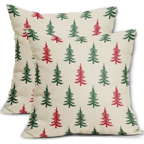 Weihnachtskissenbezüge mit Tannenbaummotiv, 45 x 45 cm, 2-teiliges Set, roter Landhaus-Winterdruck, Vintage-Weihnachtsdekoration im Bauernhausstil, kompatibel mit Kissen in Standardgröße.