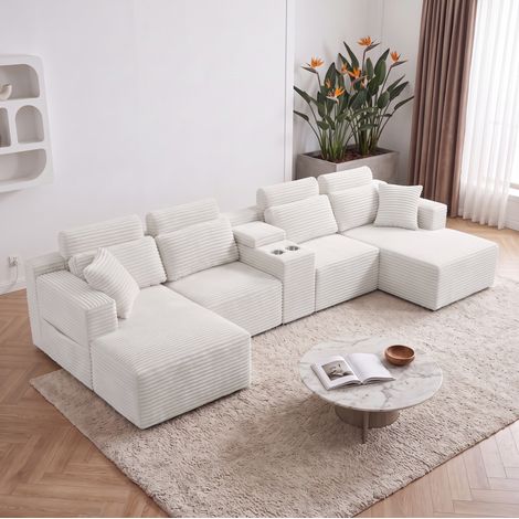 Canapé d'angle modulable en U 373,4x149,9x81,3 cm en tissu côtelé blanc cassé, pour salon FloraGrace (1/5)