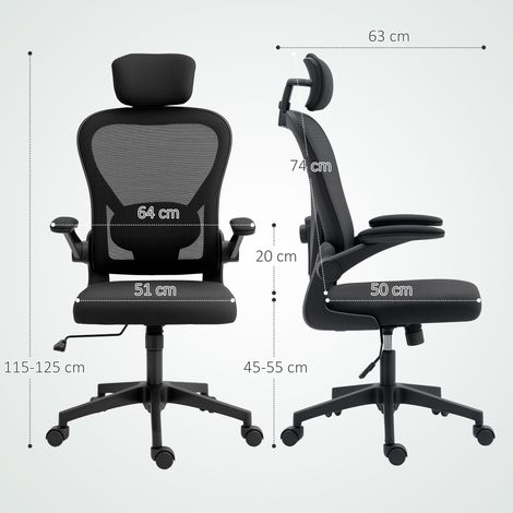 Chaise de Bureau Ergonomique, Fauteuil en Filet avec Repose-Tête et Support Lombaire Ajustable, Noir (1/5)