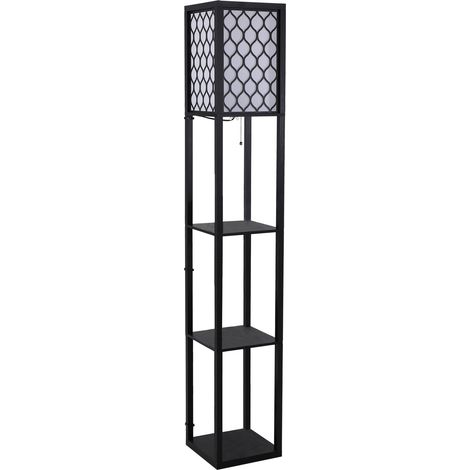 Lampadaire avec étagères 4 niveaux, 26 x 26 x 160 cm, MDF noir, motif alvéole, lampe bibliothèque (1/5)