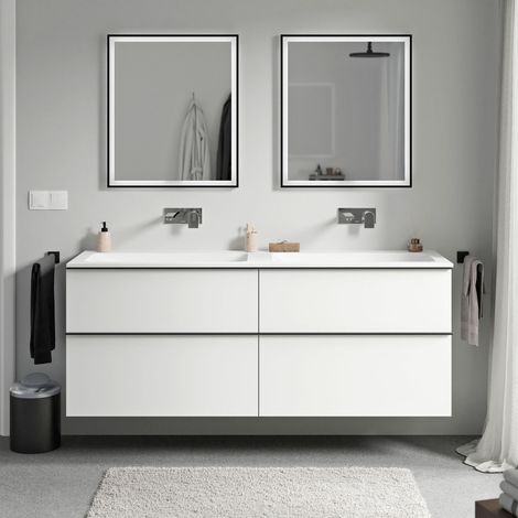 Badmöbel Unterschrank Bernstein LAVOA 160cm mit Mineralguss Waschbecken CREAM Badmöbel: Weiß matt, Metallgriff: Schwarz matt, Waschbecken: Weiß matt ohne Hahnloch