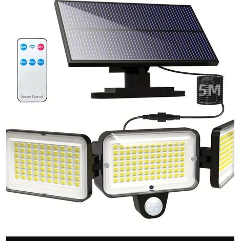 224 LED-Solar-Außenleuchten mit 3 Leuchtenköpfen, 3 Modi, Bewegungsmelder, 5 m Kabel und Fernbedienung, IP65 wasserdicht, Wandstrahler für Garten, Zaun und Hof (1 Stück)